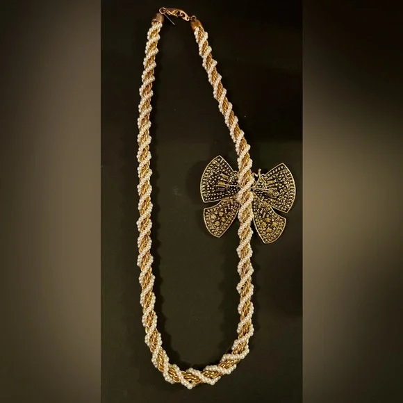 Vintage Pink and Gold Butterfly broach on a “Casual Corner” Necklace - Picture 2 of 8